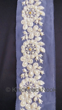 Thumbnail for White Pearl And Rhinestones Beads Net Lace Trim, Floral Trim, One Yard