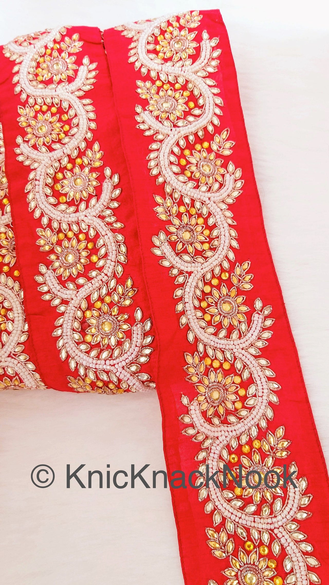 Red Silk Lace Trim With Floral Zardozi Hand Embroidery And White Beads & Indian Stones Kundan Embellishment, Approx. 80mm, Decorative Trim