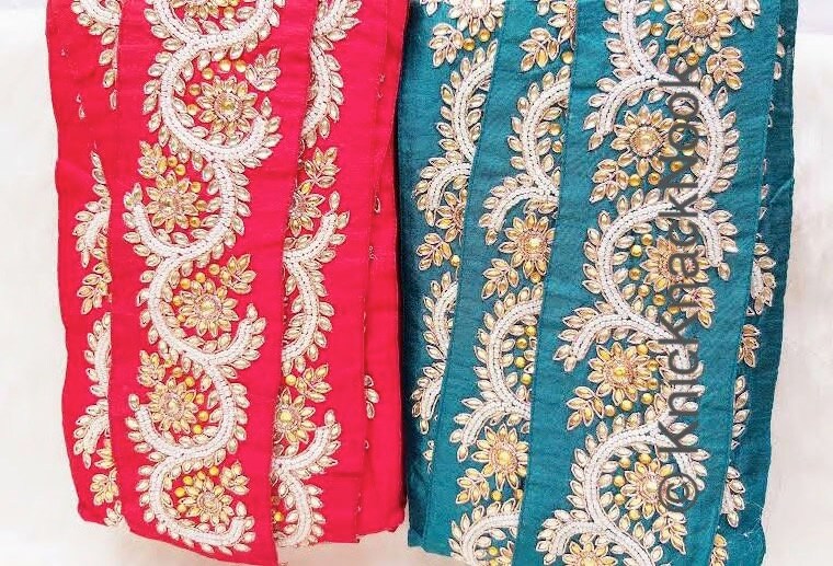 Green Silk Lace Trim With Floral Zardozi Hand Embroidery And White Beads & Indian Stones Kundan Embellishment, Approx. 80mm, Decorative Trim