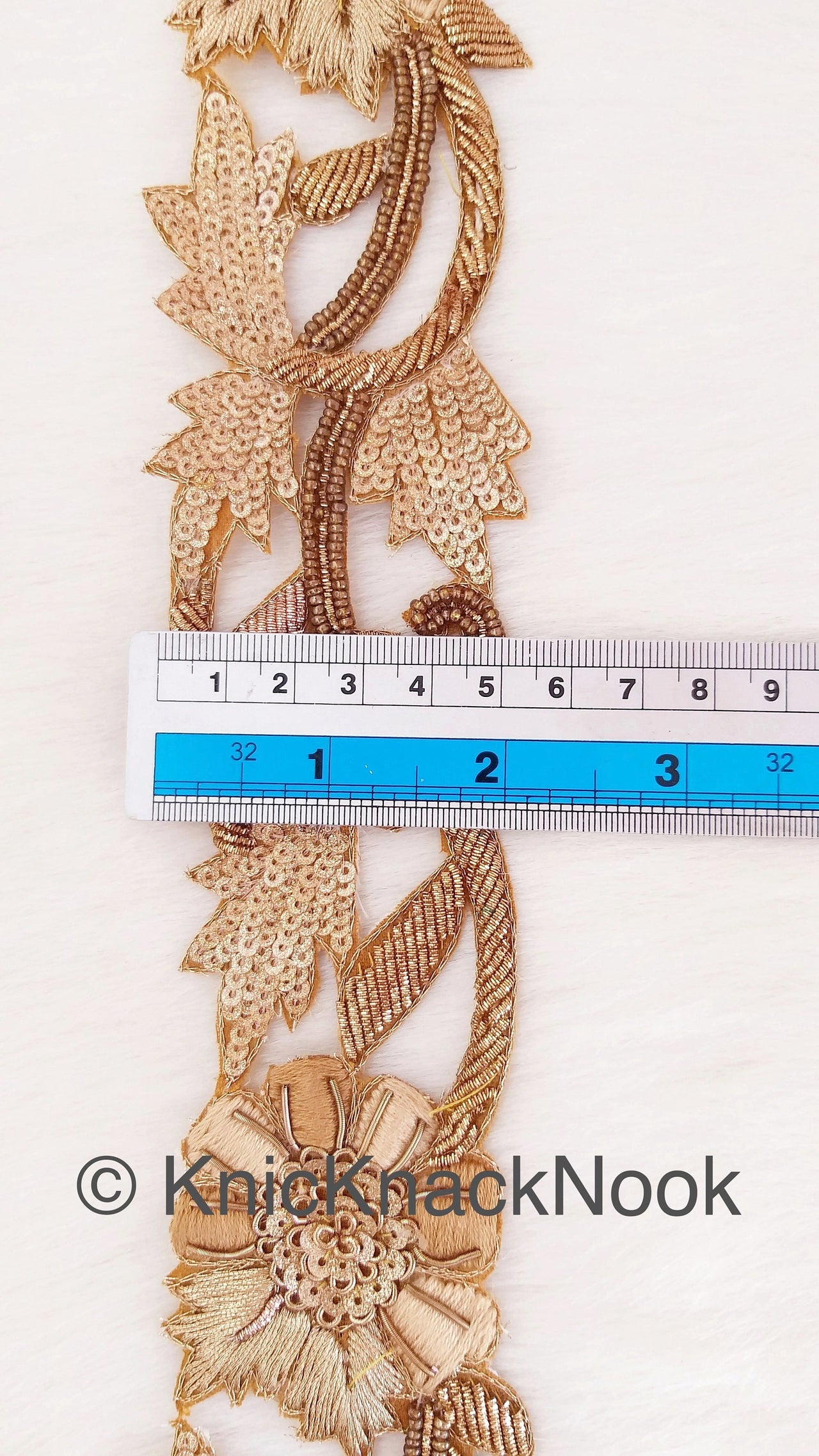 Cutwork Lace Trim Hand Embroidered In Brown & Gold Flowers Zardozi Embroidery, Gold Sequins and Gold Beads, Floral Trim