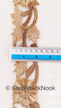 Thumbnail for Cutwork Lace Trim Hand Embroidered In Brown & Gold Flowers Zardozi Embroidery, Gold Sequins and Gold Beads, Floral Trim