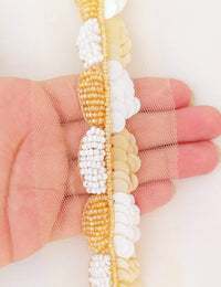 Thumbnail for Beige Net Lace With Off White And Beige Sequins and Beads, Scallop Trim, Exclusive Laces