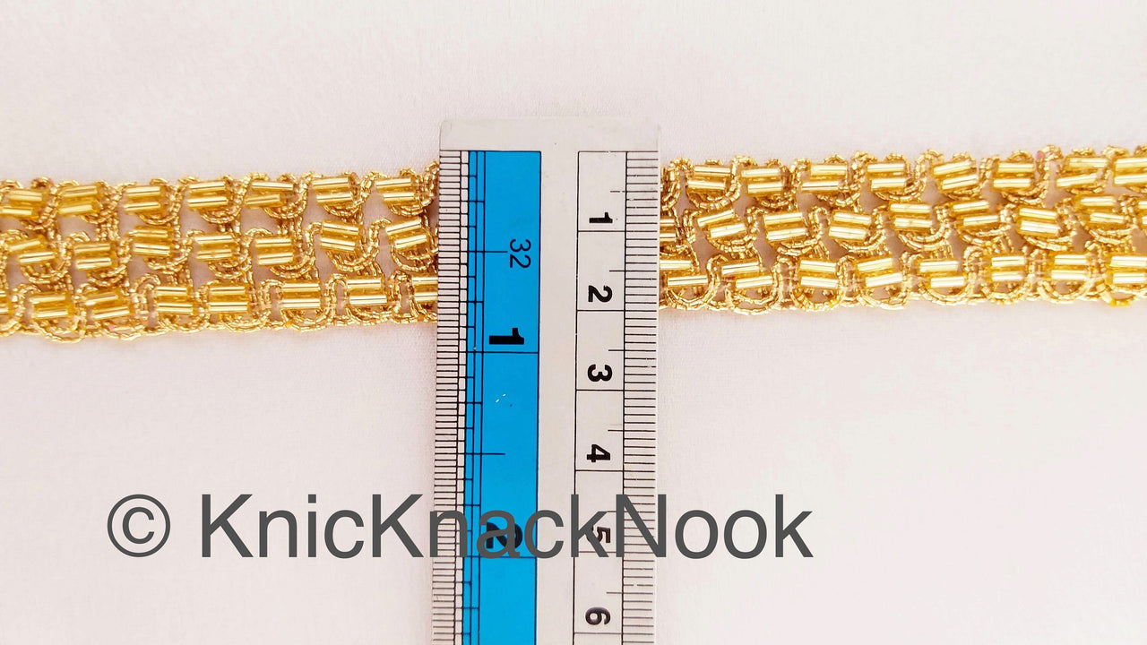 Gold Thread Trim With Gold Bugle Beads, Embroidered Lace Trim, Handmade Trim