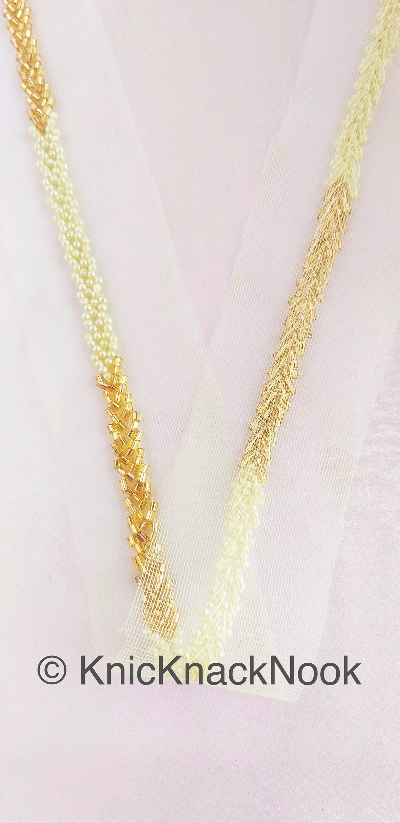 Green / Pink Net Lace Trim Hand Embroidered With Gold Bugle Beads And Ivory / Pink Seed Beads, Beaded Trim,