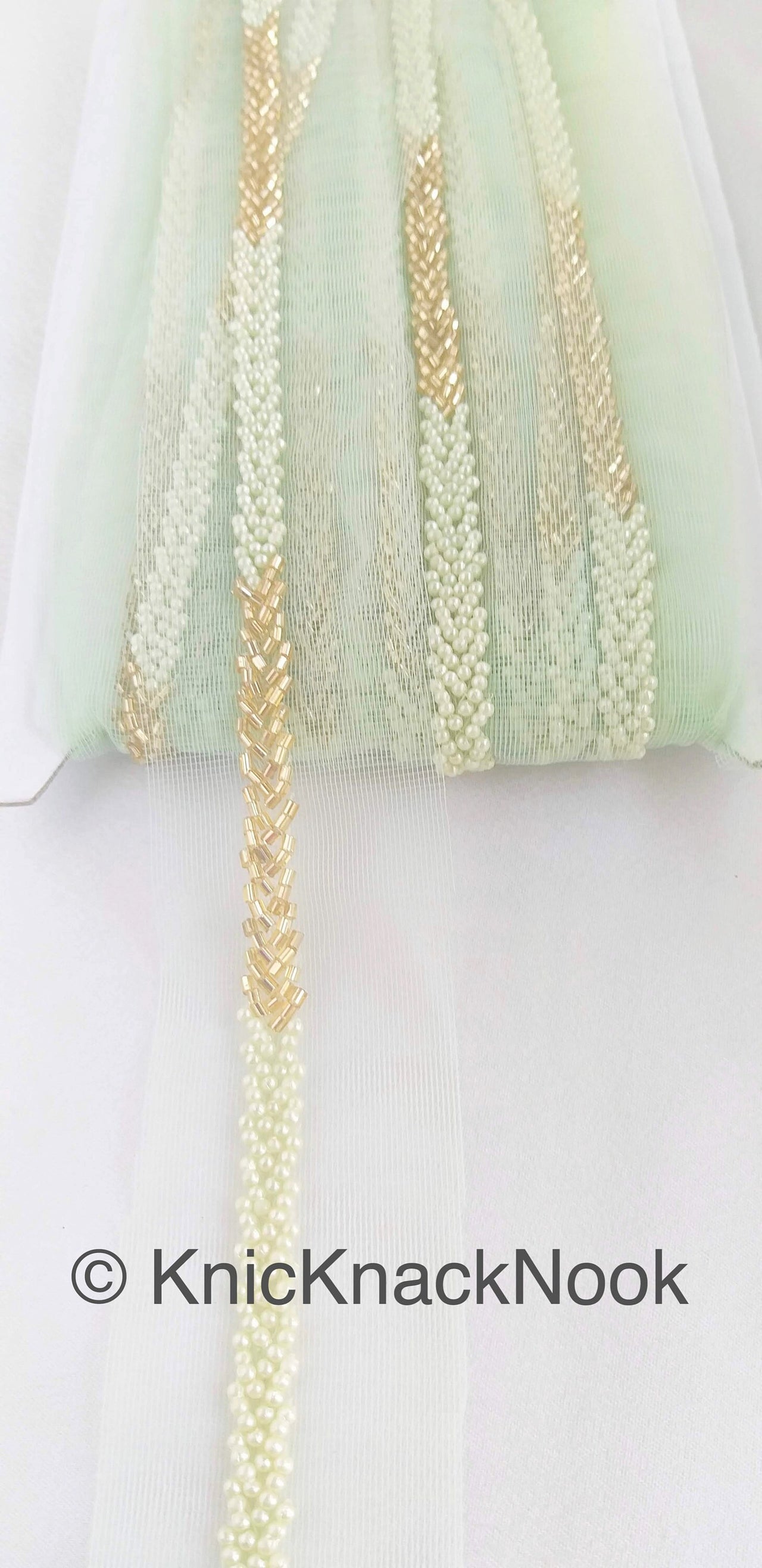 Green / Pink Net Lace Trim Hand Embroidered With Gold Bugle Beads And Ivory / Pink Seed Beads, Beaded Trim,