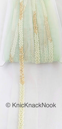 Thumbnail for Green / Pink Net Lace Trim Hand Embroidered With Gold Bugle Beads And Ivory / Pink Seed Beads, Beaded Trim,