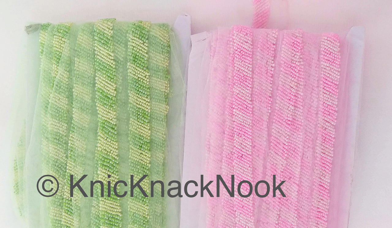 Wholesale Decorative Green Beaded Net Lace Trim, Seed Beads, Beaded Trim