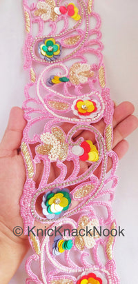 Thumbnail for Pink Hand Embroidered Cutwork Beaded Trim, Multicolour Sequins Wedding Sash, Zardozi Sari Border Trim By Yard Decorative Exclusive Fashion