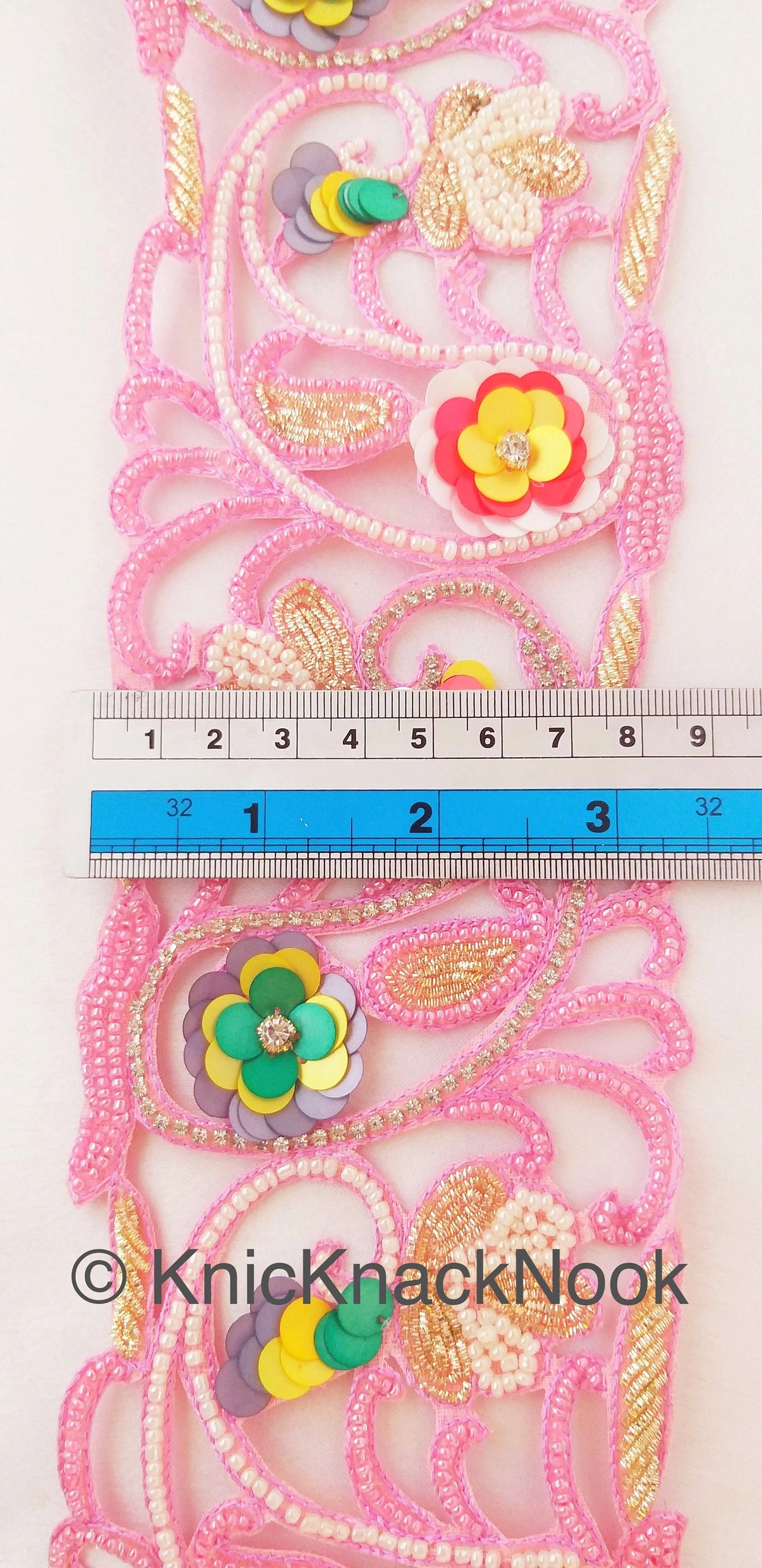 Pink Hand Embroidered Cutwork Beaded Trim, Multicolour Sequins Wedding Sash, Zardozi Sari Border Trim By Yard Decorative Exclusive Fashion