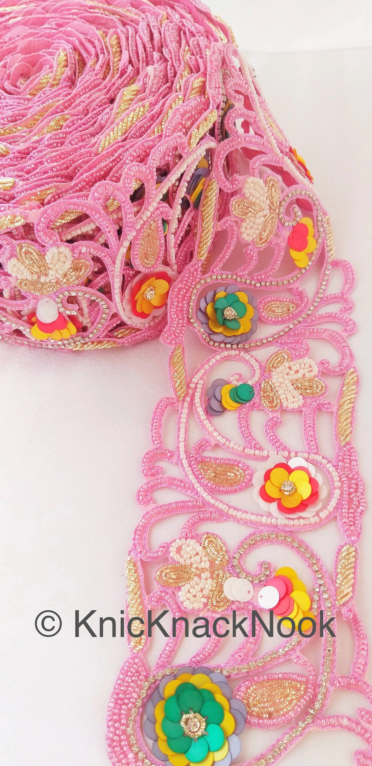 Pink Hand Embroidered Cutwork Beaded Trim, Multicolour Sequins Wedding Sash, Zardozi Sari Border Trim By Yard Decorative Exclusive Fashion