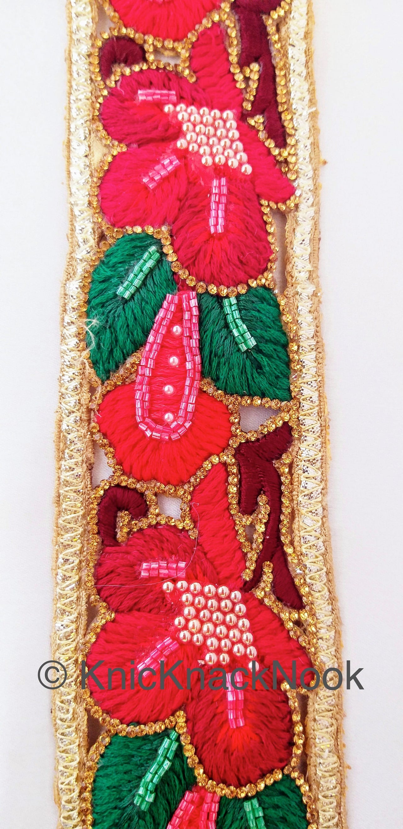 Red Hand Embroidered Cutwork Floral Trim Wedding Beaded Sash Bridal Belt Decorative, Indian Sari Border, Costume Trim