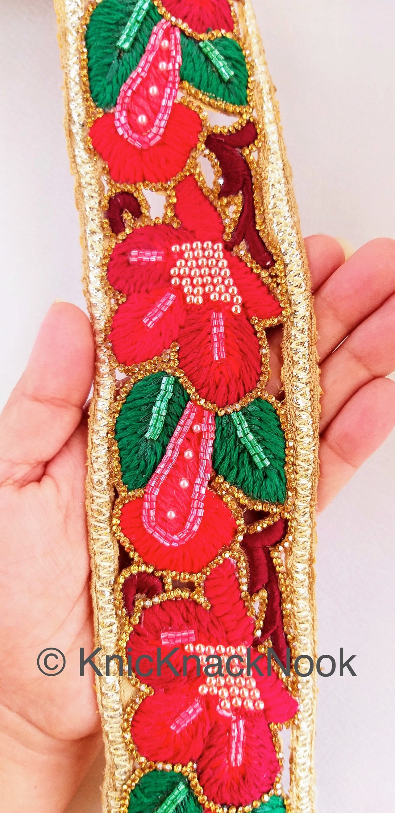 Wholesale Red, Green and Gold Hand Embroidered Cutwork Floral Trim In Seed Beads, Bugle Beads & Crystal Wedding Sari Bridal Decorative