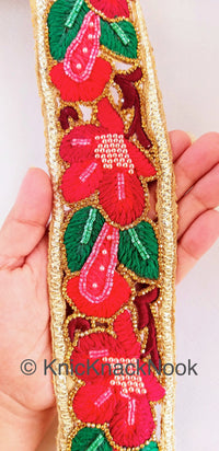 Thumbnail for Wholesale Red, Green and Gold Hand Embroidered Cutwork Floral Trim In Seed Beads, Bugle Beads & Crystal Wedding Sari Bridal Decorative