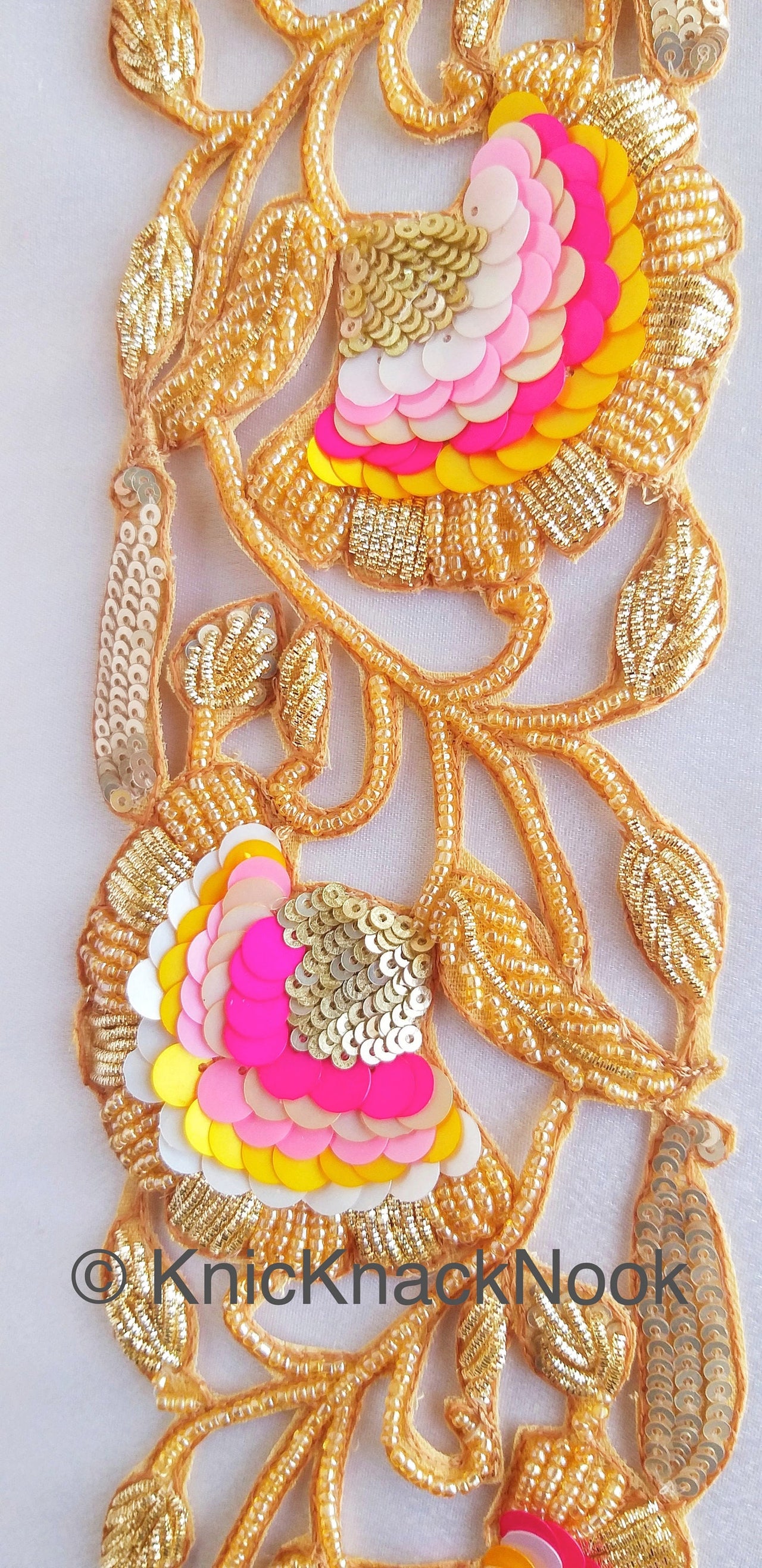 Exclusive Gold Hand Embroidered Cutwork Lace Trim, Floral Embroidery Beaded Trim, Sequins Trim