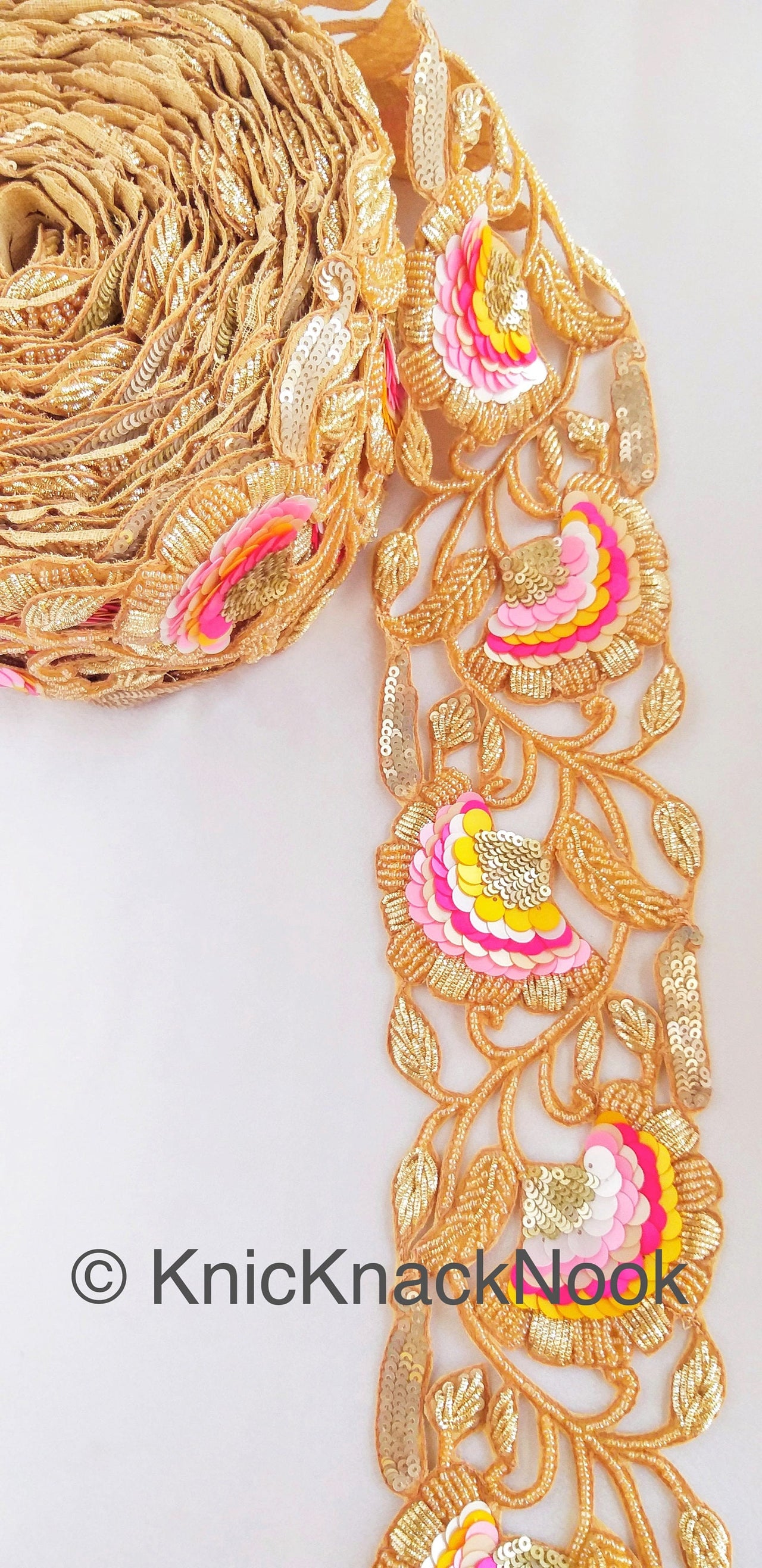 Exclusive Gold Hand Embroidered Cutwork Lace Trim, Floral Embroidery Beaded Trim, Sequins Trim