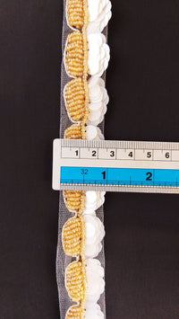 Thumbnail for White Net Lace With Off White Sequins and Gold Beads, Scallop Trim, Exclusive Laces