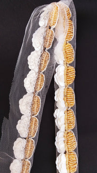 Thumbnail for White Net Lace With Off White Sequins and Gold Beads, Scallop Trim, Exclusive Laces