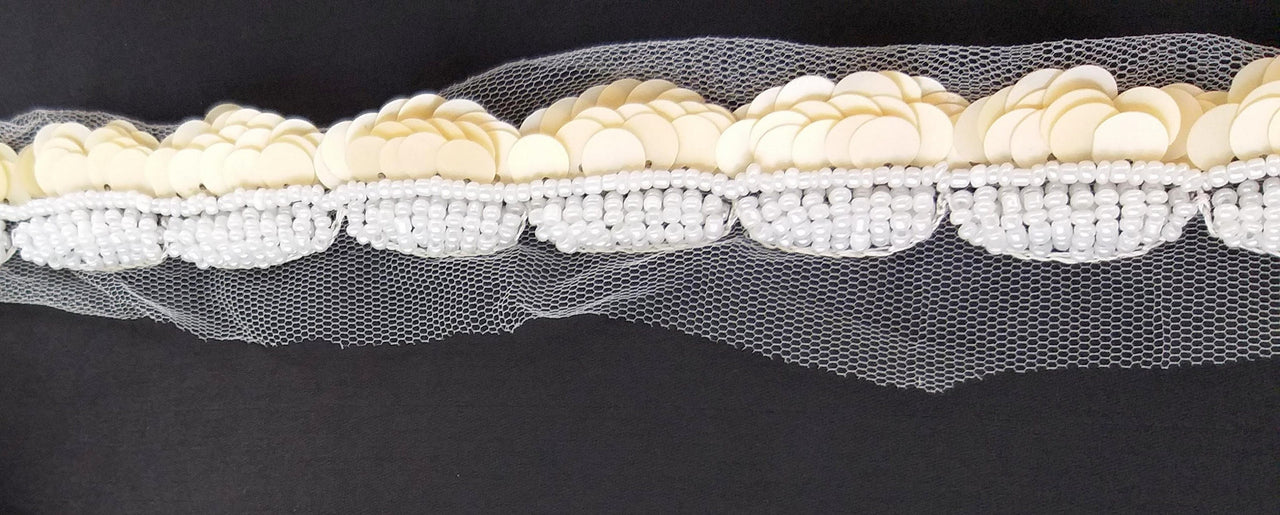 White Net Lace With Beige Sequins and Off White Beads, Scallop Trim, Exclusive Laces