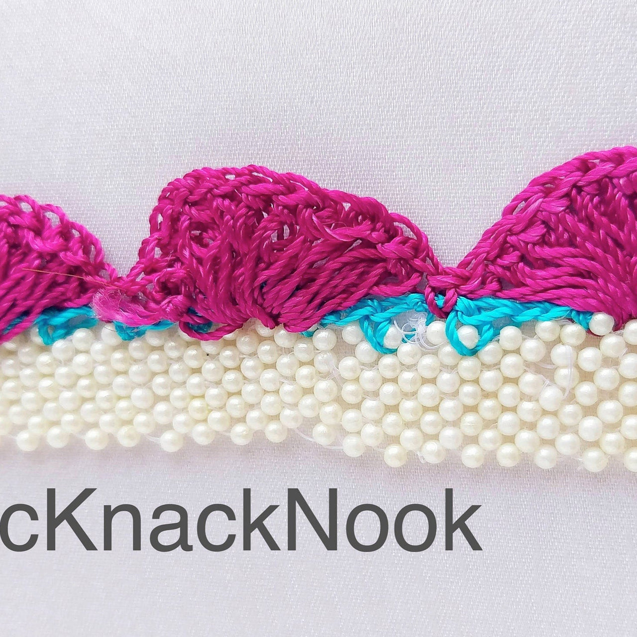 Fuchsia Pink / Black Crochet Trim With Off White Pearls, Scallop Trimming, Approx. 30mm wide