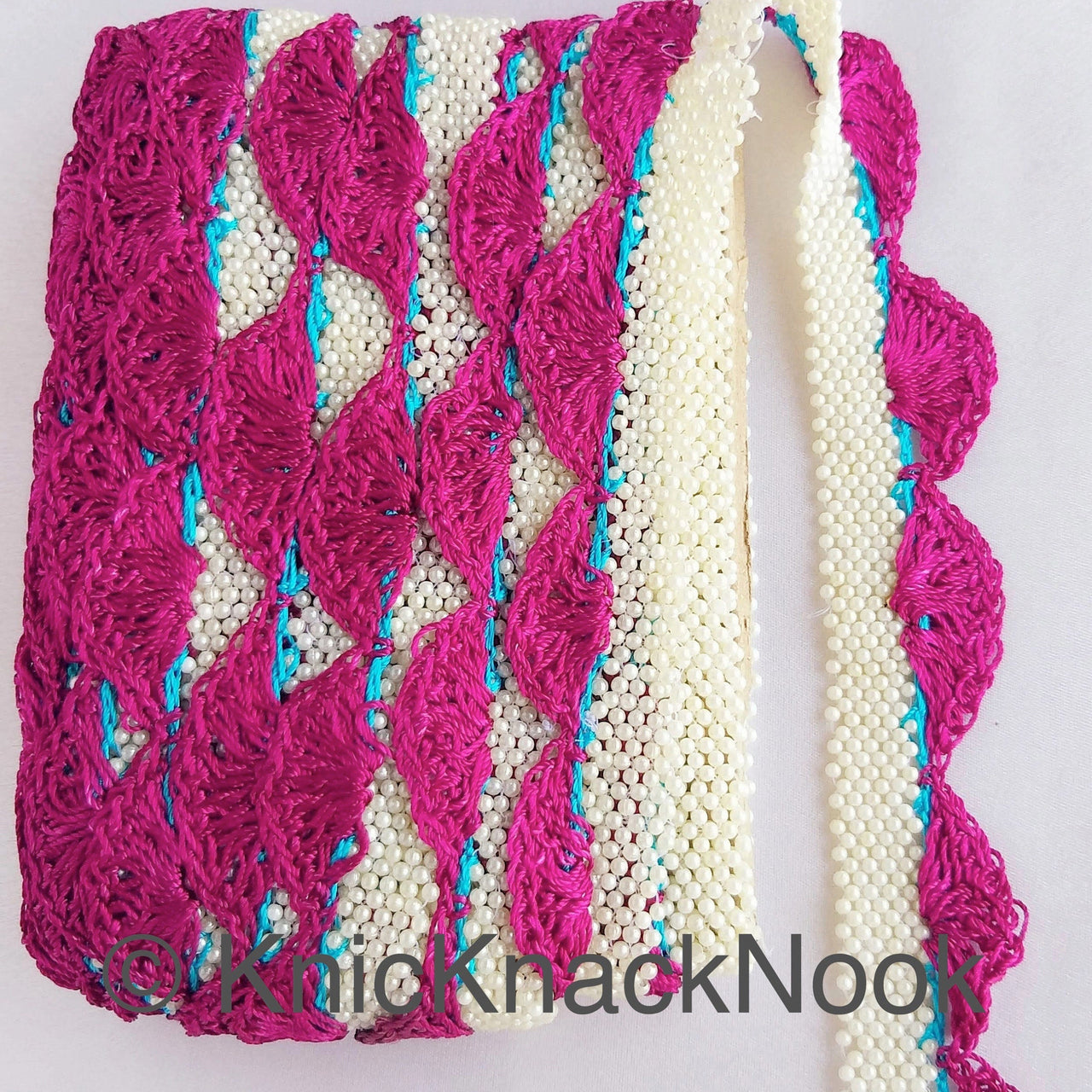Fuchsia Pink / Black Crochet Trim With Off White Pearls, Scallop Trimming, Approx. 30mm wide