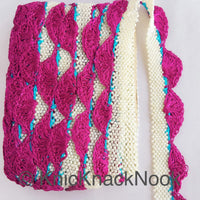 Thumbnail for Fuchsia Pink / Black Crochet Trim With Off White Pearls, Scallop Trimming, Approx. 30mm wide
