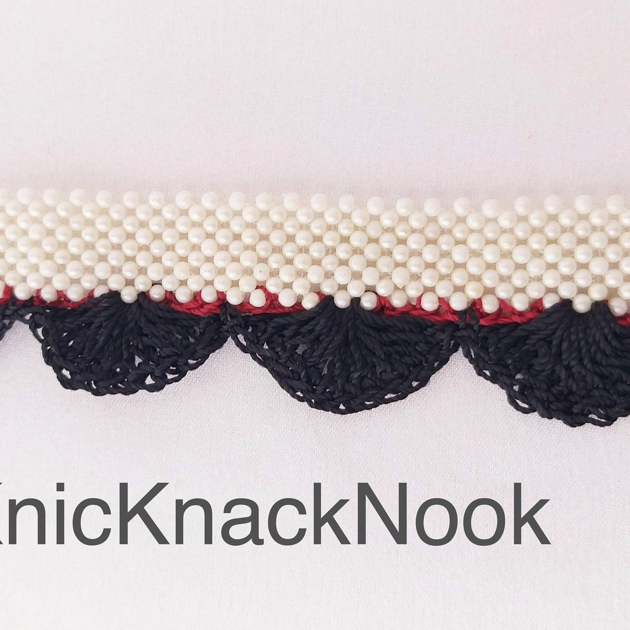 Fuchsia Pink / Black Crochet Trim With Off White Pearls, Scallop Trimming, Approx. 30mm wide