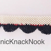 Thumbnail for Fuchsia Pink / Black Crochet Trim With Off White Pearls, Scallop Trimming, Approx. 30mm wide