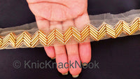 Thumbnail for Beige Net Fabric Lace Trim With Gold Bugle Tube Beads And Gold Zardozi Embroidery, Beaded Trim, Approx. 24mm Wide