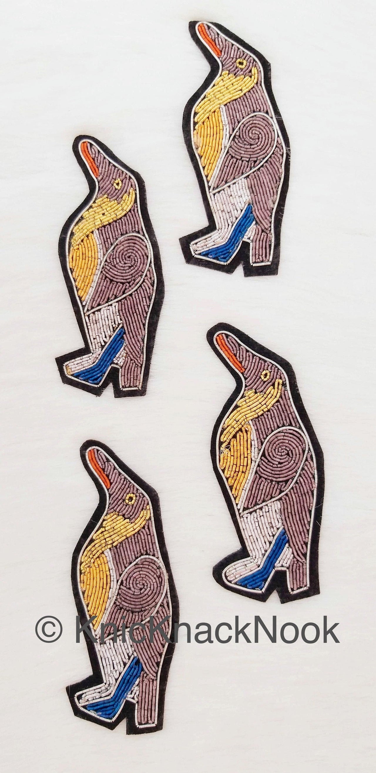 Hand Embroidered Penguins Applique In Grey, Silver, Gold