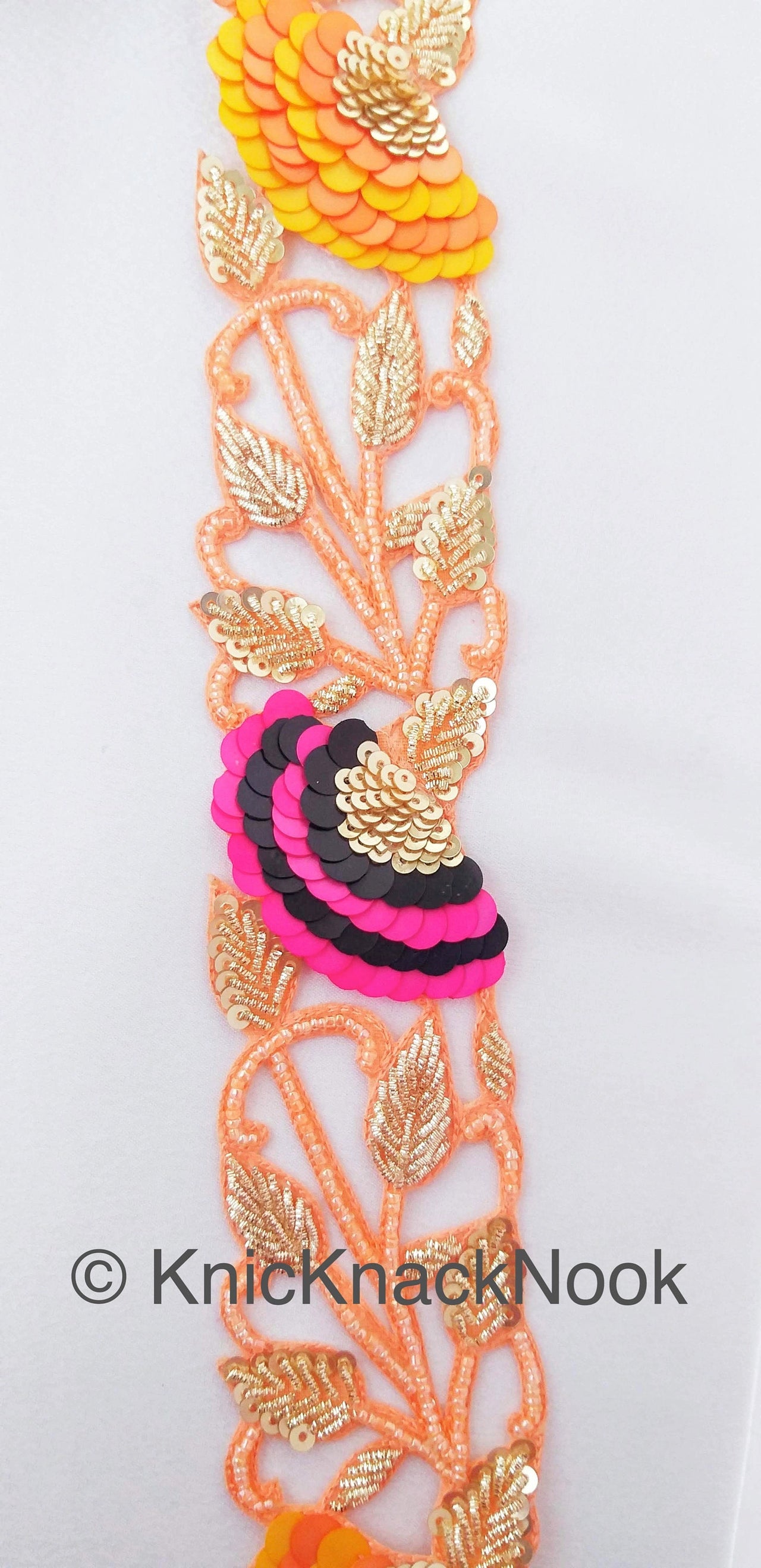 Pink / Peach Indian Beaded Lace Trim, Handmade, Sequins Trim