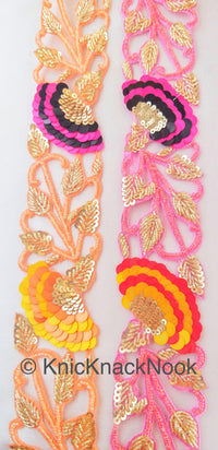 Thumbnail for Pink / Peach Indian Beaded Lace Trim, Handmade, Sequins Trim