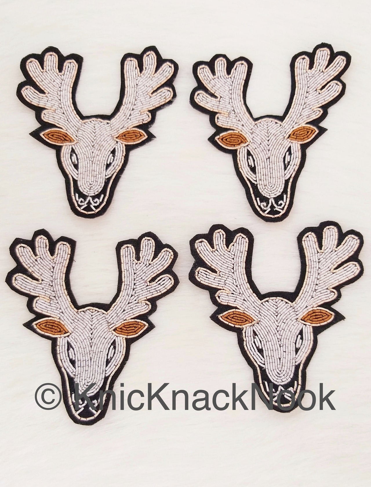 Hand Embroidered Reindeer Applique In Silver And Brown Zardozi Threadwork, Animal Motif, Christmas DIY
