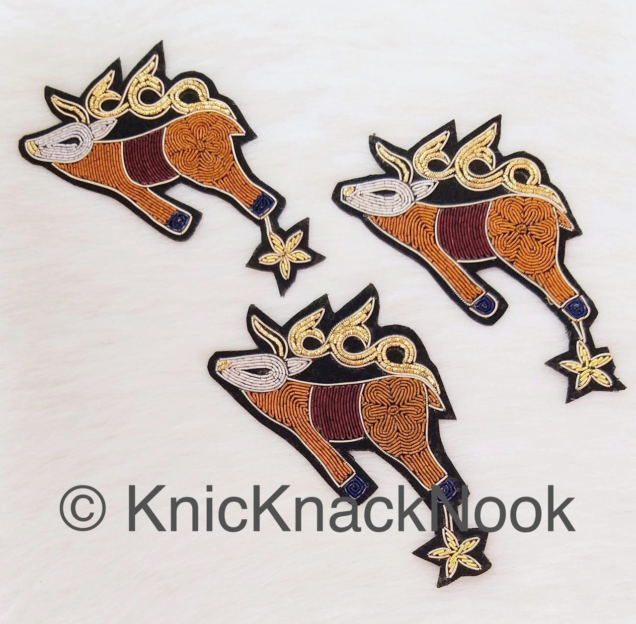 Hand Embroidered Deer With Star Applique In Brown, Silver And Gold Zardozi Threadwork, Animal Motif