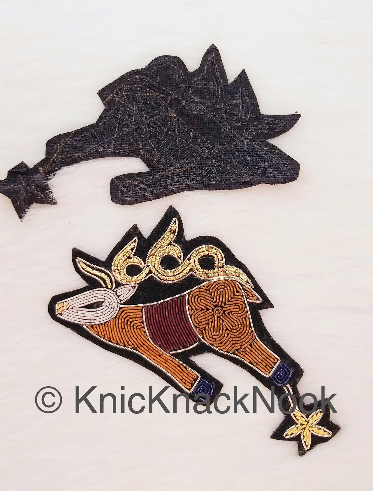 Hand Embroidered Deer With Star Applique In Brown, Silver And Gold Zardozi Threadwork, Animal Motif