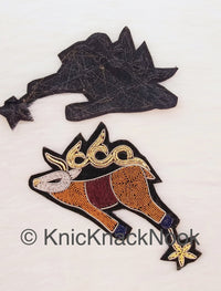 Thumbnail for Hand Embroidered Deer With Star Applique In Brown, Silver And Gold Zardozi Threadwork, Animal Motif