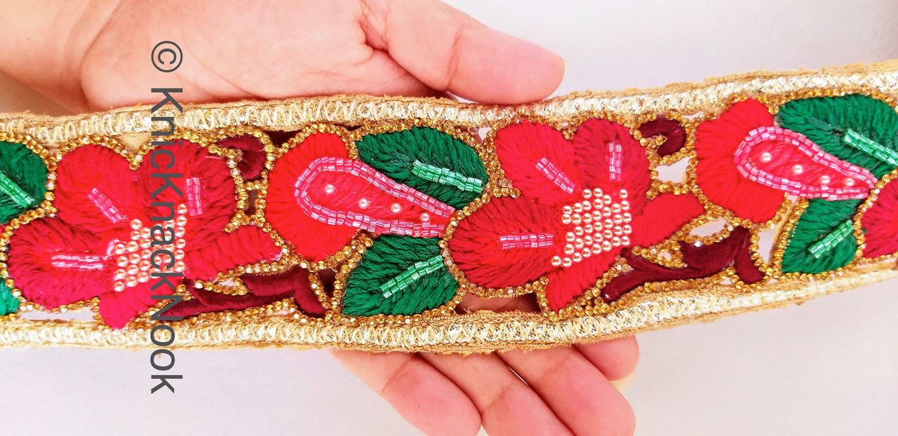 Red Hand Embroidered Cutwork Floral Trim Wedding Beaded Sash Bridal Belt Decorative, Indian Sari Border, Costume Trim