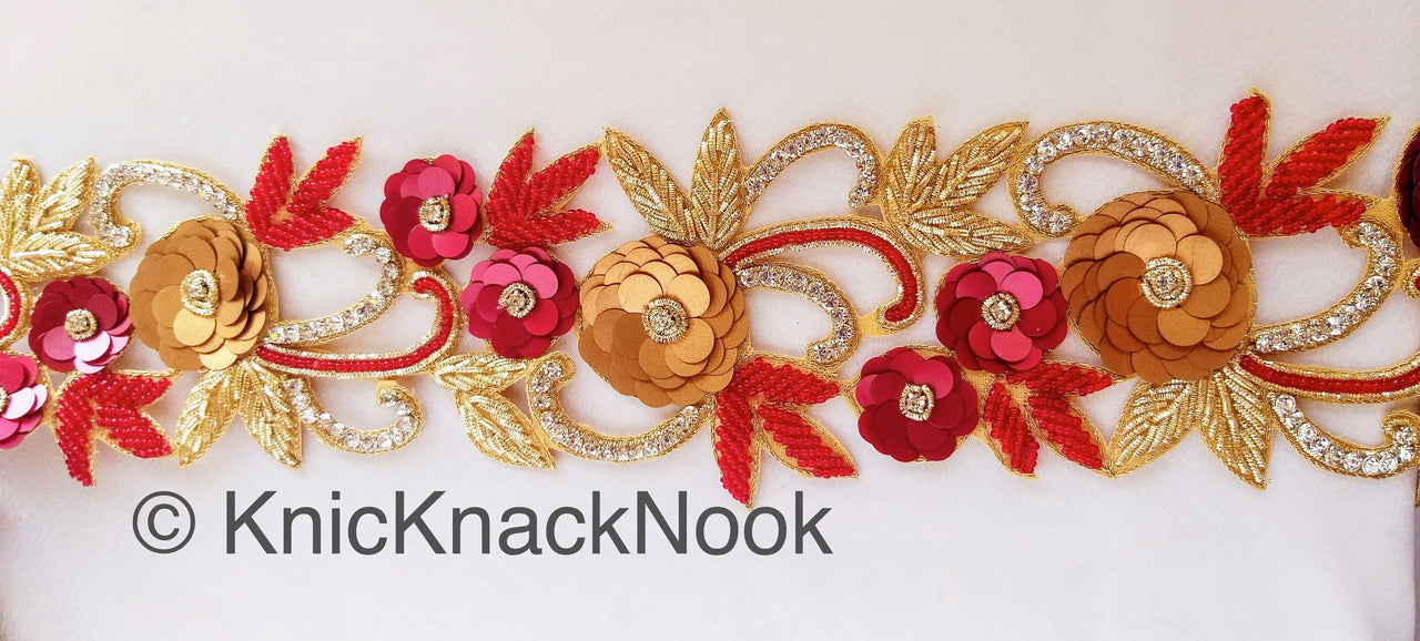 Red / Blue & Gold Hand Embroidered Zardozi Cutwork Lace Trim Beaded Trim, Sequins Rhinestones Wedding Bridal Belt Decorative