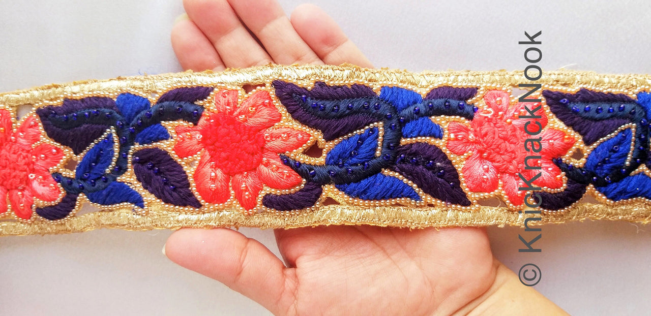 Blue And Gold Hand Embroidered Cutwork Lace Trim, Floral Embroidery Beaded, Wedding Trim