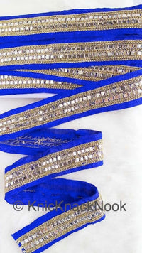 Thumbnail for Royal Blue Fabric Trim With Mirrors Embellishments, Gold Beads and Gold Embroidery, Approx. 45mm Wide Decorative Craft Trims