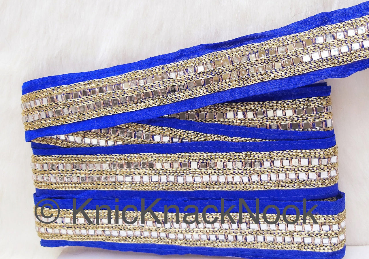 Royal Blue Fabric Trim With Mirrors Embellishments, Gold Beads and Gold Embroidery, Approx. 45mm Wide Decorative Craft Trims