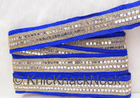 Thumbnail for Royal Blue Fabric Trim With Mirrors Embellishments, Gold Beads and Gold Embroidery, Approx. 45mm Wide Decorative Craft Trims