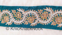 Thumbnail for Green Silk Lace Trim With Floral Zardozi Hand Embroidery And White Beads & Indian Stones Kundan Embellishment, Approx. 80mm, Decorative Trim