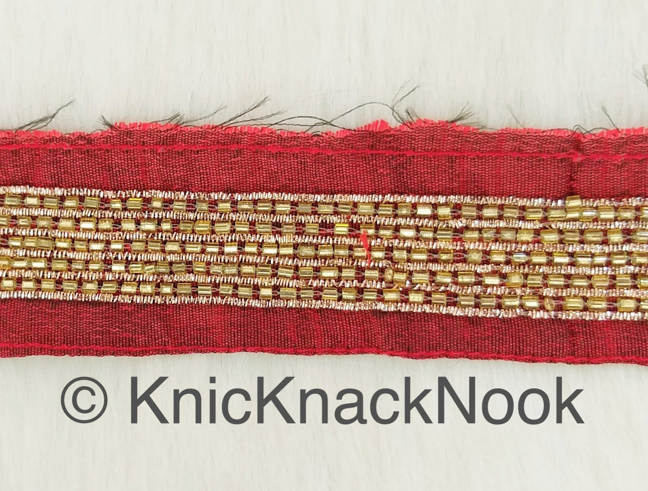 Black / Red Art Silk Fabric Trim With Gold Bugle Beads Embellishments And Gold Embroidery, Beaded Trim,