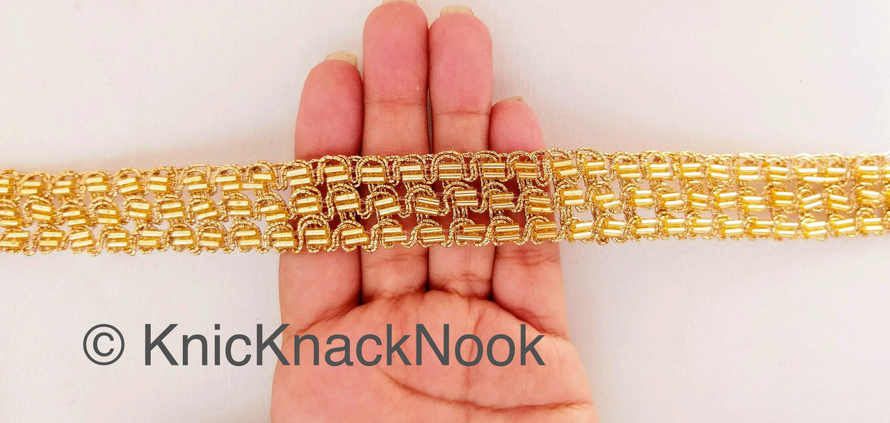 Gold Thread Trim With Gold Bugle Beads, Embroidered Lace Trim, Handmade Trim