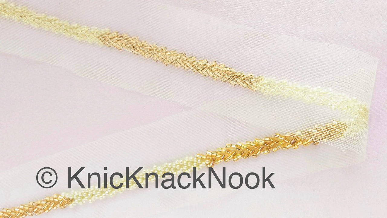 Green / Pink Net Lace Trim Hand Embroidered With Gold Bugle Beads And Ivory / Pink Seed Beads, Beaded Trim,