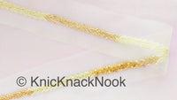 Thumbnail for Green / Pink Net Lace Trim Hand Embroidered With Gold Bugle Beads And Ivory / Pink Seed Beads, Beaded Trim,