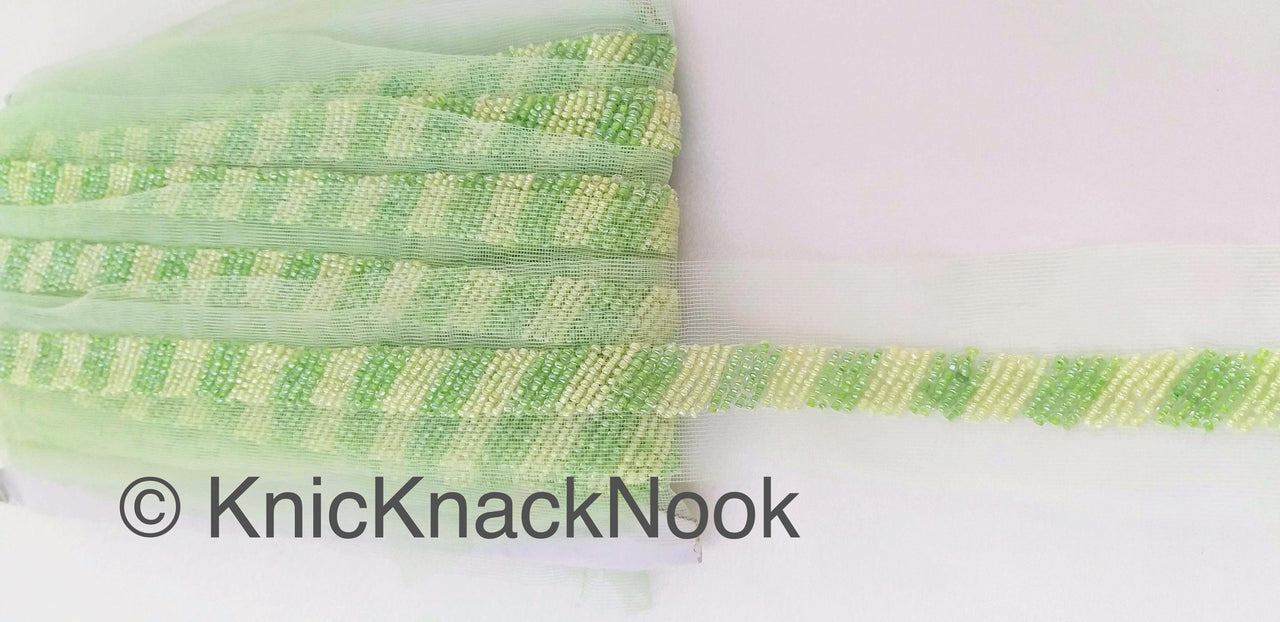 Wholesale Decorative Green Beaded Net Lace Trim, Seed Beads, Beaded Trim