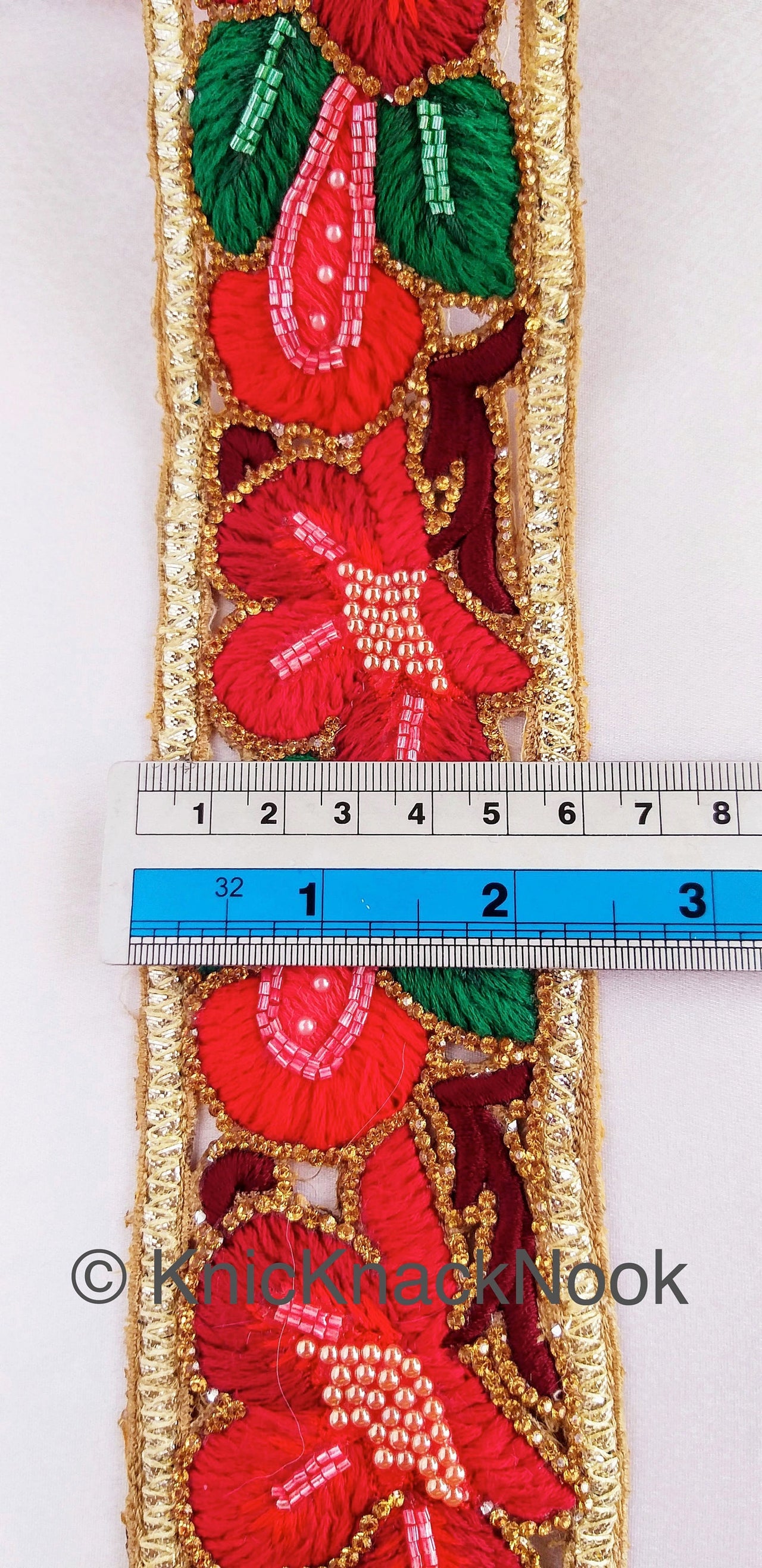 Red Hand Embroidered Cutwork Floral Trim Wedding Beaded Sash Bridal Belt Decorative, Indian Sari Border, Costume Trim