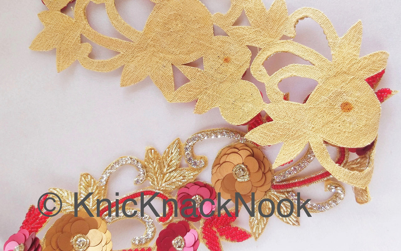 Wholesale Red / Blue & Gold Hand Embroidered Zardozi Cutwork Lace Trim Beaded Trim, Sequins Rhinestones Wedding Bridal Belt