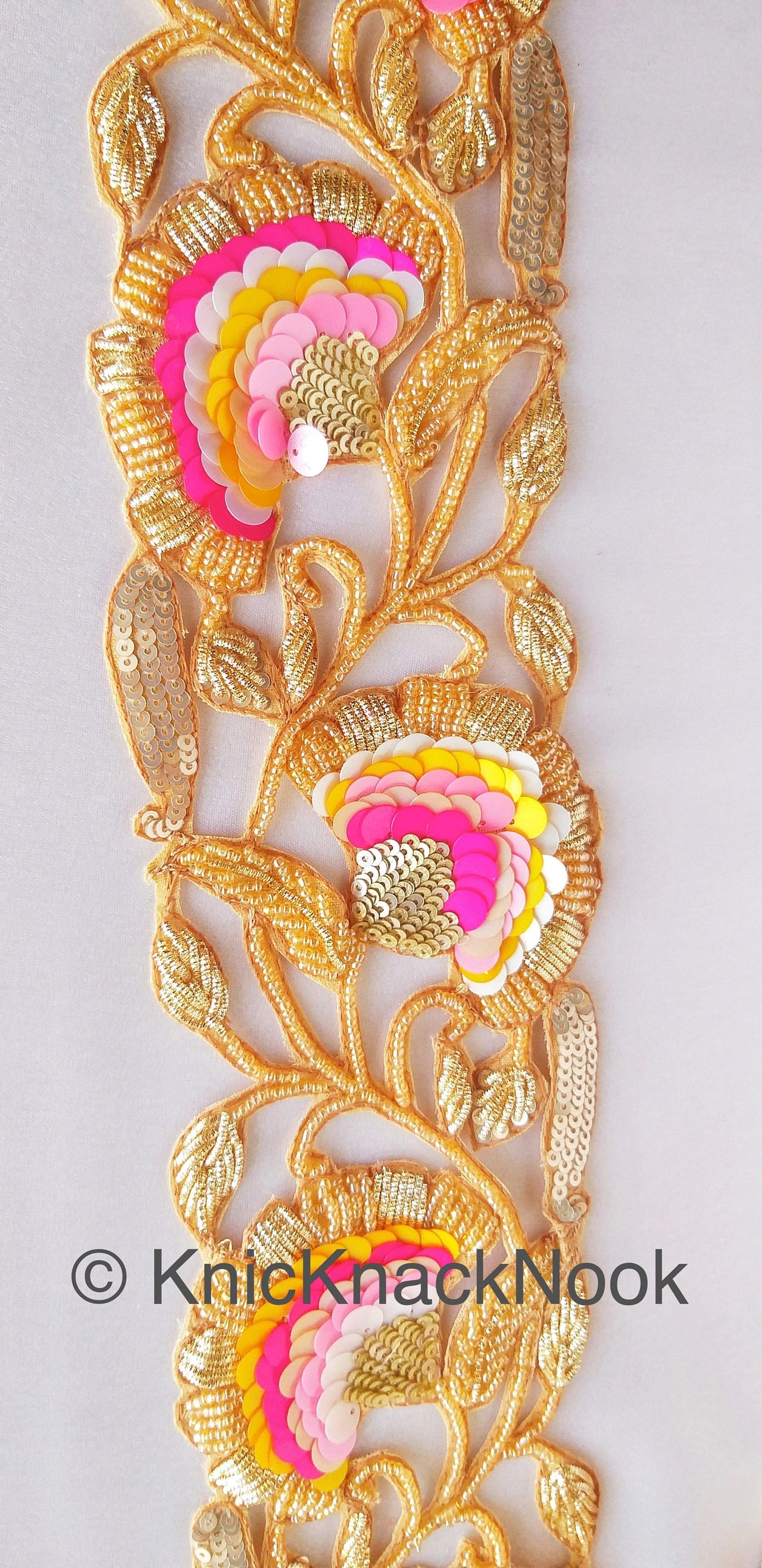 Exclusive Gold Hand Embroidered Cutwork Lace Trim, Floral Embroidery Beaded Trim, Sequins Trim